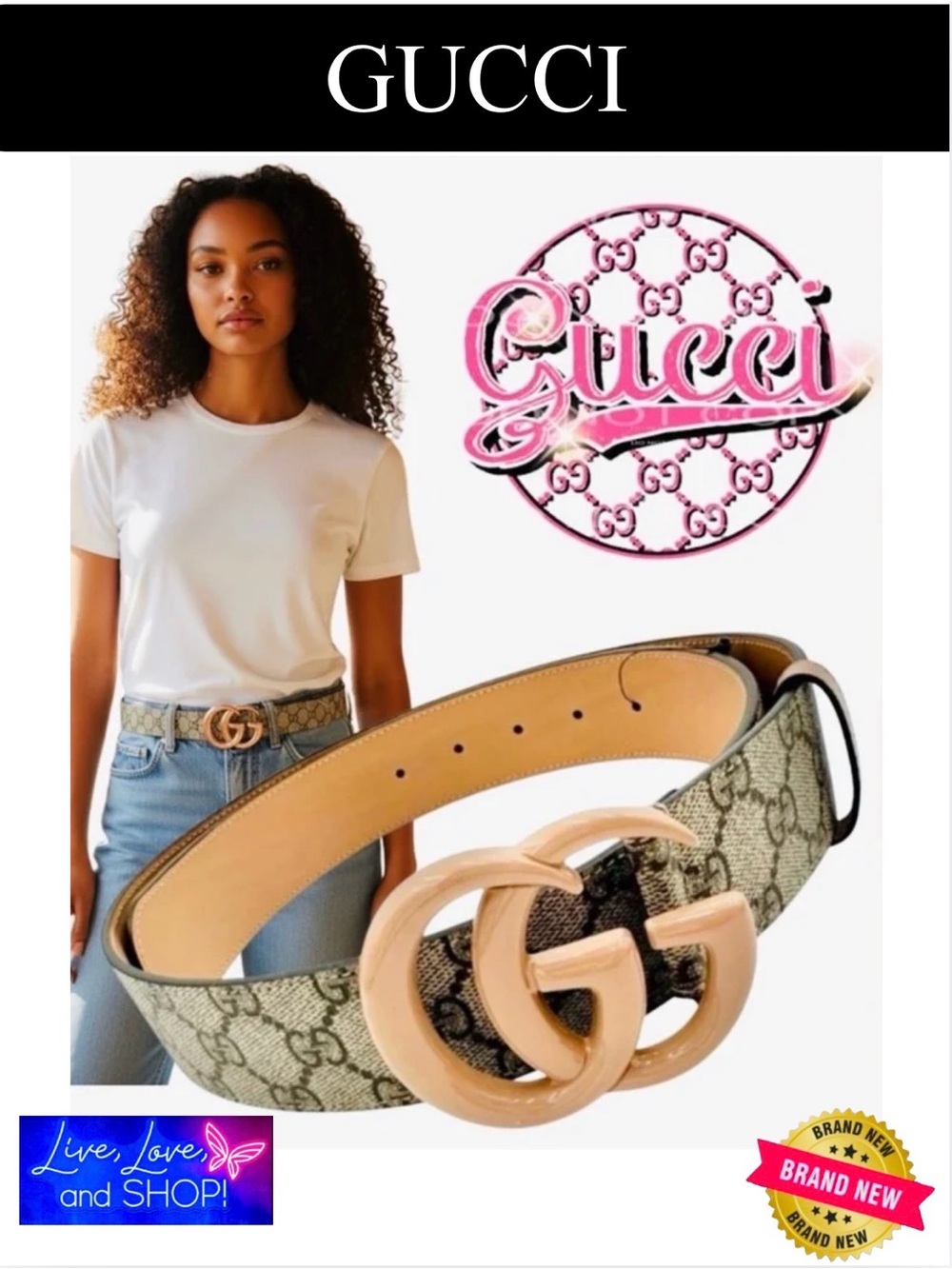GUCCI Marmont Beige/Tan with “GG” Monogram Belt, Authentic, NIB